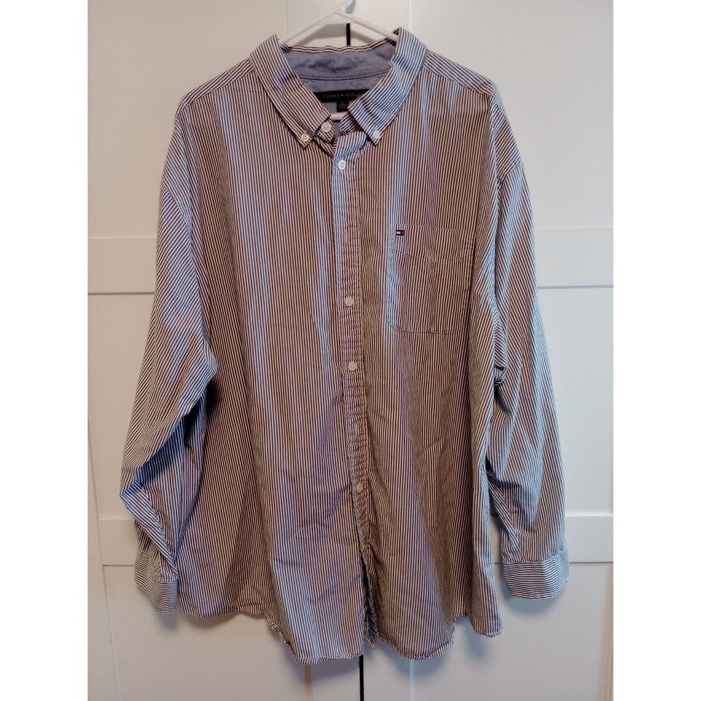 Tommy Hilfiger Mens Long Sleeve Button Down Up  Shirt 3XL Striped Grey/White